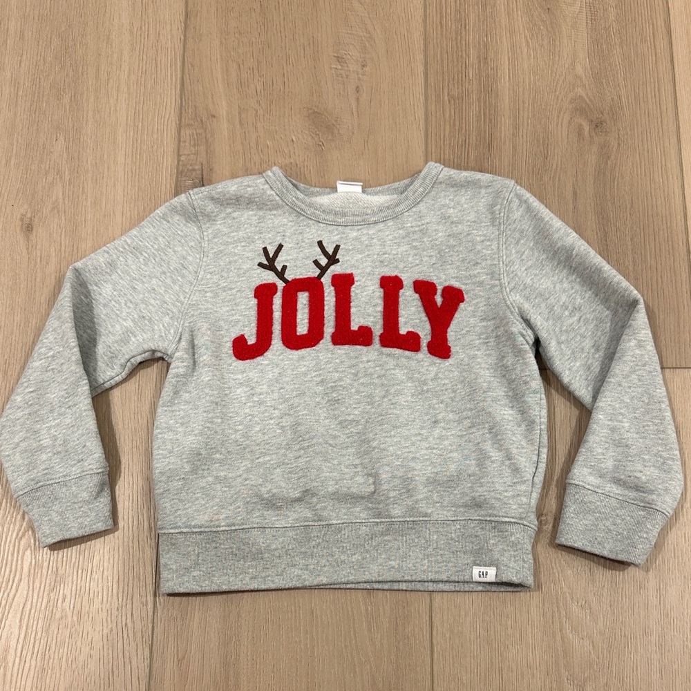 GAP Boys 5T 5 Years Sweatshirt Jolly Christmas Reindeer Gray Red Fuzzy Letters